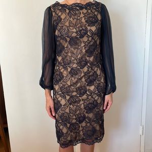 Midnight Blue and Tan Long Sleeve Tadashi Shoji Size 8 Dress